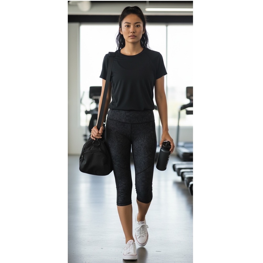 Athleta Black Grey Damask Lace Print Cropped Leggings Capris 930145 Women Medium